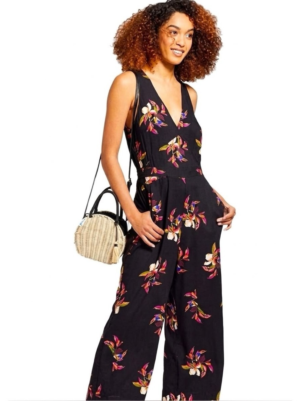 A New Day Target Black Tropical Floral V-Neck Wide Leg Jumpsuit - XXL